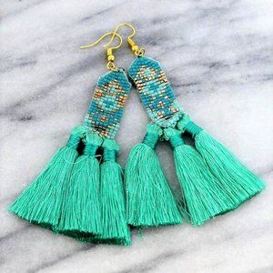 Earrings. Seafoam Green Color, Triple tassels, Seed Beaded. NWT